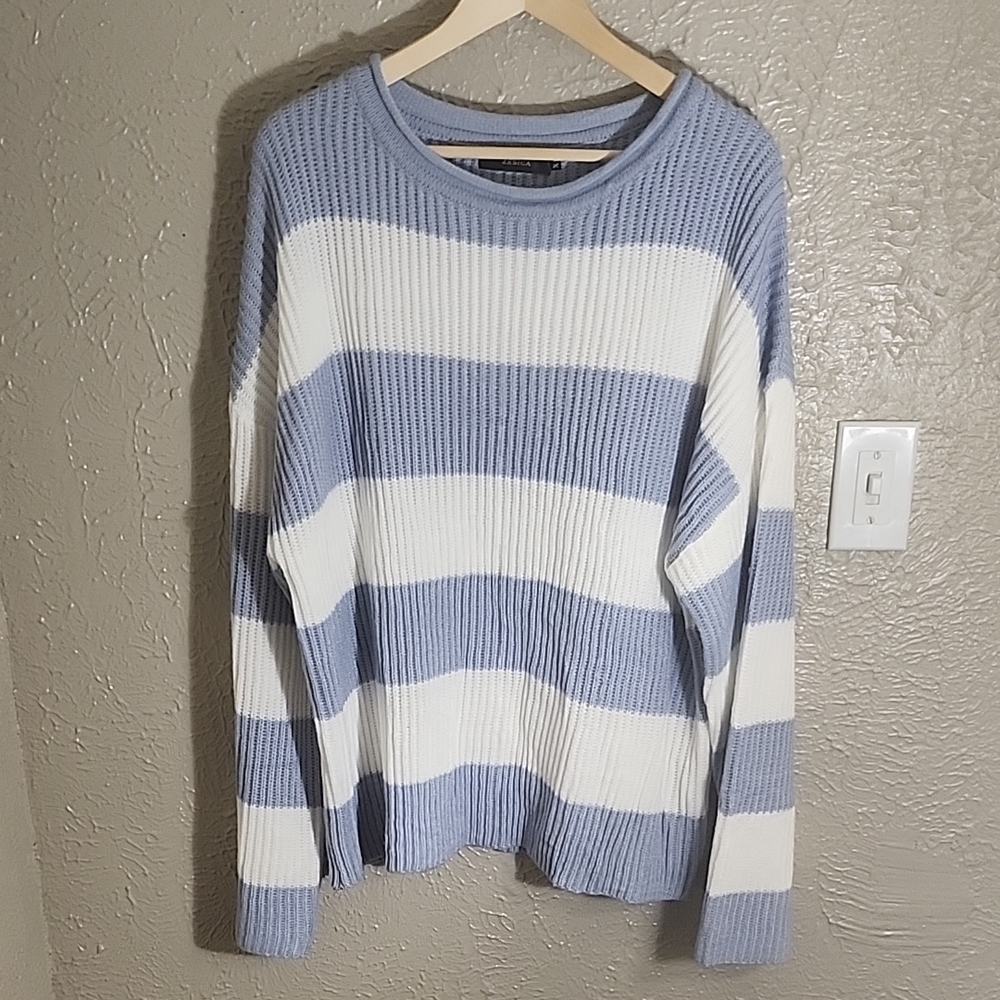 ZESICA Blue and White Striped Sweater